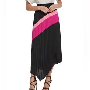 DKNY NWT Black Pink Pleated Asymmetrical Hem Midi Skirt Size XXS